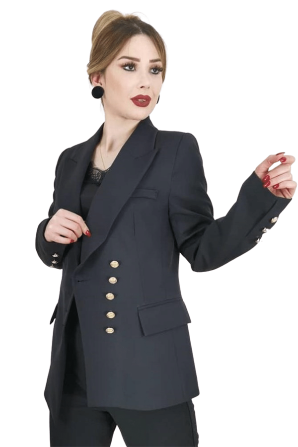 Düğme Detay Kadın Ceket - Siyah