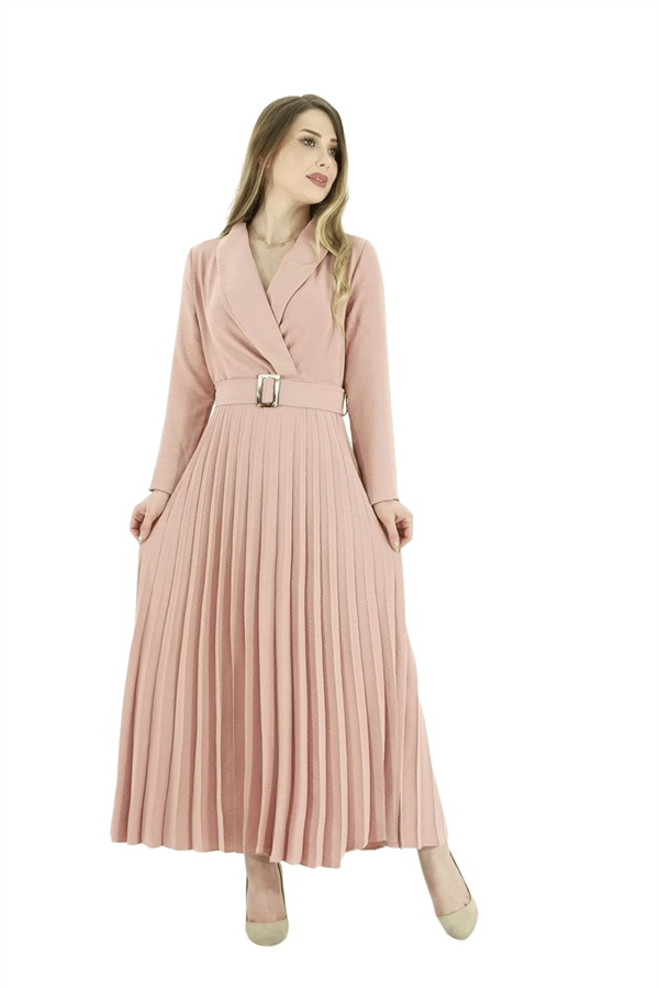 Pileli Kalın Kemer Model Elbise - Pudra