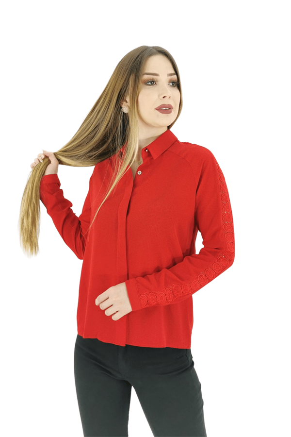 Yan Dantel Model Kadın Gömlek - Kırmızı