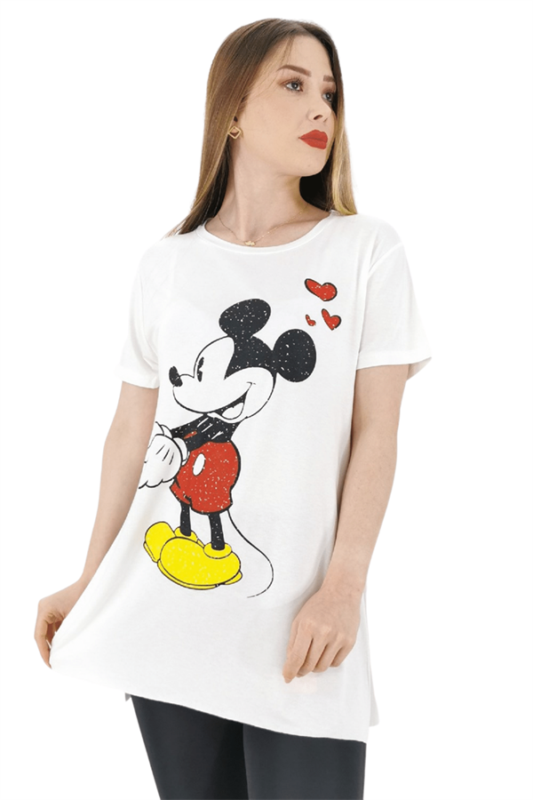 Mickey Mouse Baskılı Kadın Tshirt - Ekru