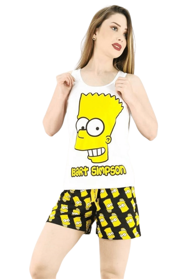 Kadın Beyaz Simpson Baskılı Şortlu Pijama Takımı