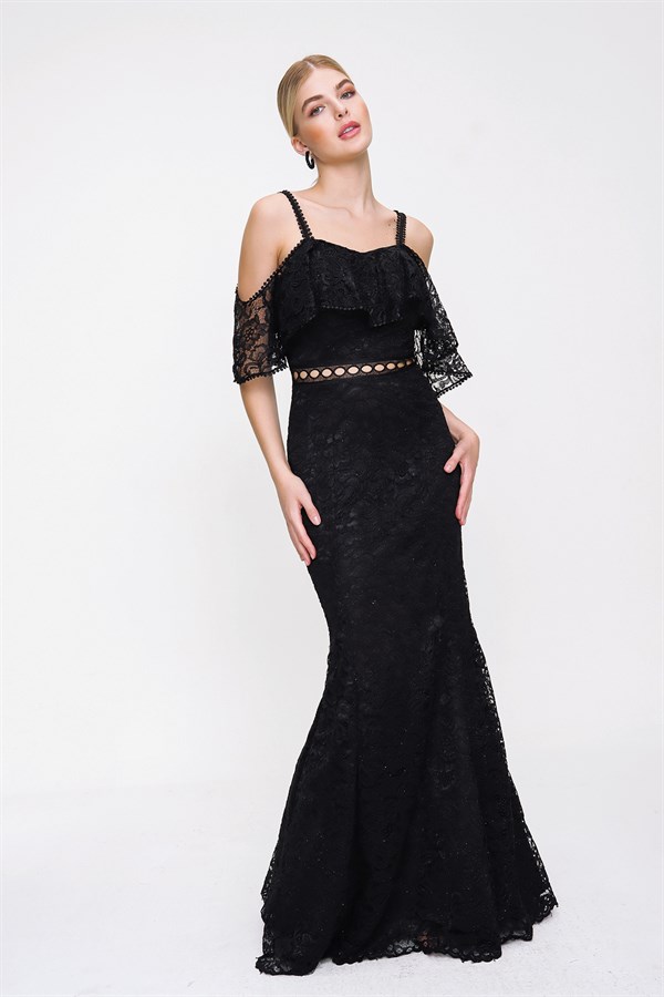 Kadın Siyah Askı Kol Dantel Işleme Model Elbise