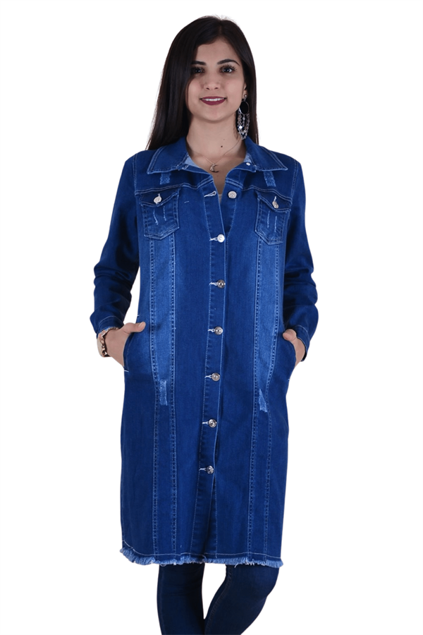 Boydan Düğmeli Kadın Kot Ceket - Mavi