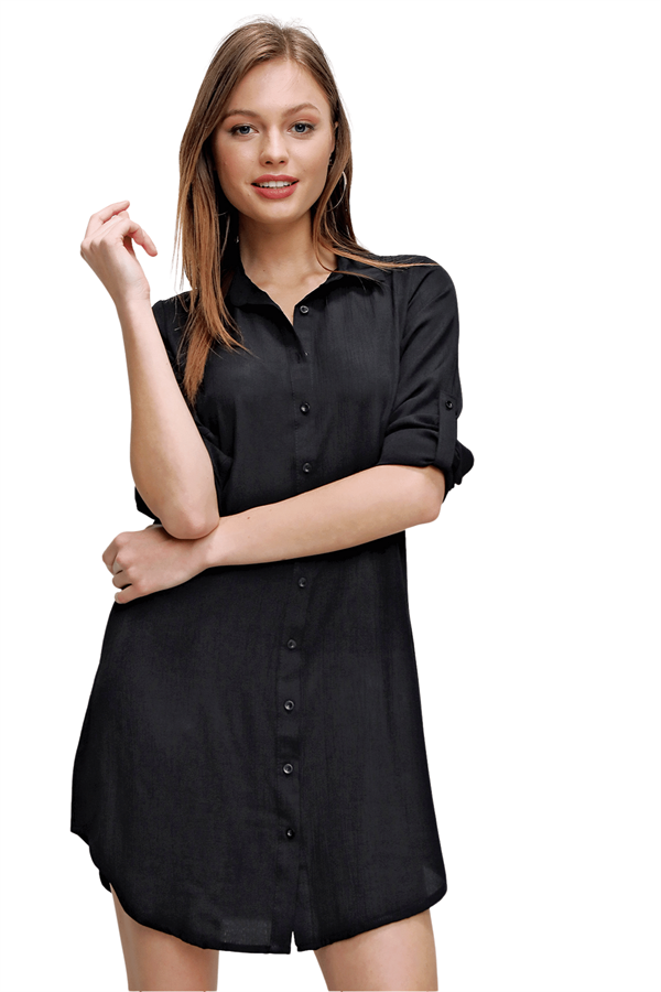 Kadın Siyah Kırışık Görünümlü Gömlek Tunik