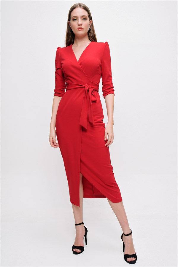 Kadın Kırmızı Kruvaze Yaka Elbise