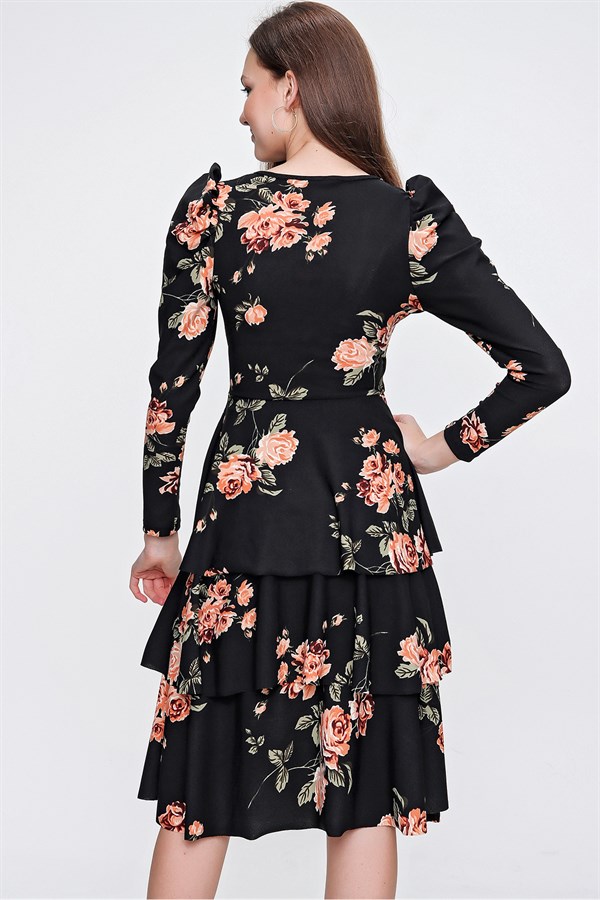 Kadın Çiçek Krep Volanlı Elbise