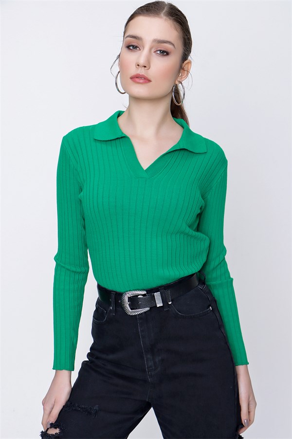 Kadın Yeşil Polo Yaka Triko Bluz