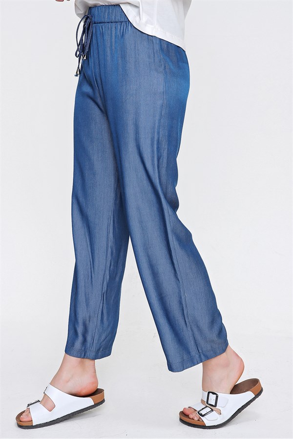 Kadın Koyu Mavi Bel Lastikli Tencel Pantolon