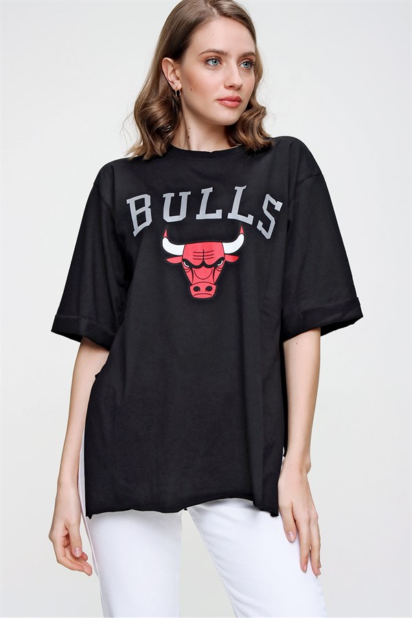 Kadın Siyah Bulls Baskılı Tişört 