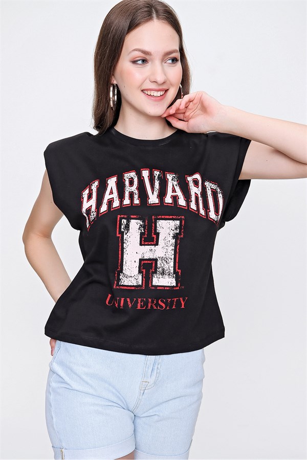 Kadın Siyah Harvard Sıfır Kol Tişört