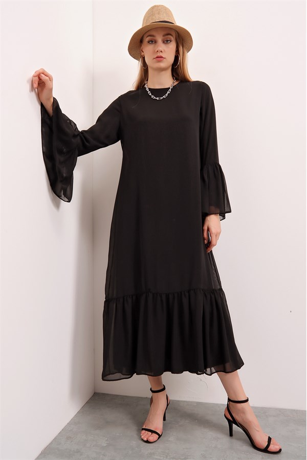 Kadın Siyah FırFır Detay Astarlı Şifon Elbise