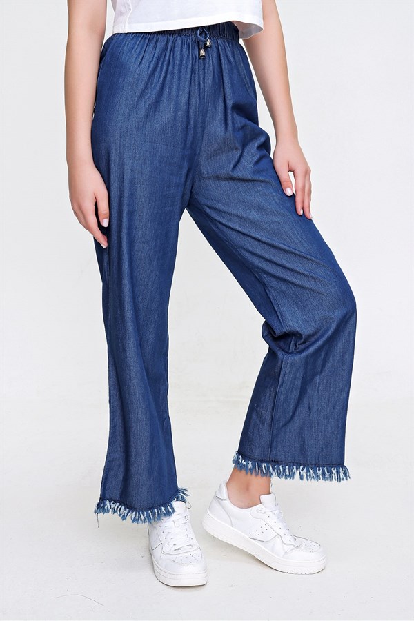Kadın Koyu Mavi Bel Lastik Tencel Pantolon