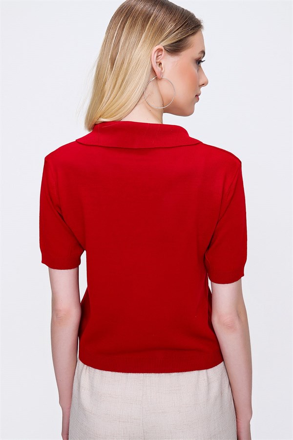 Kadın Kırmızı Polo Yaka Triko Bluz