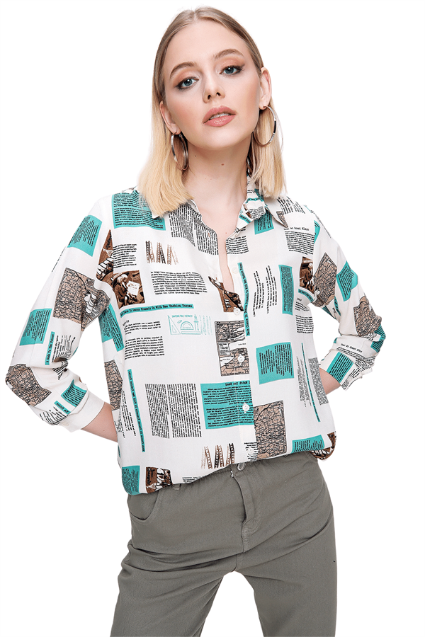 Kadın Mint Gazete Baskılı Gömlek