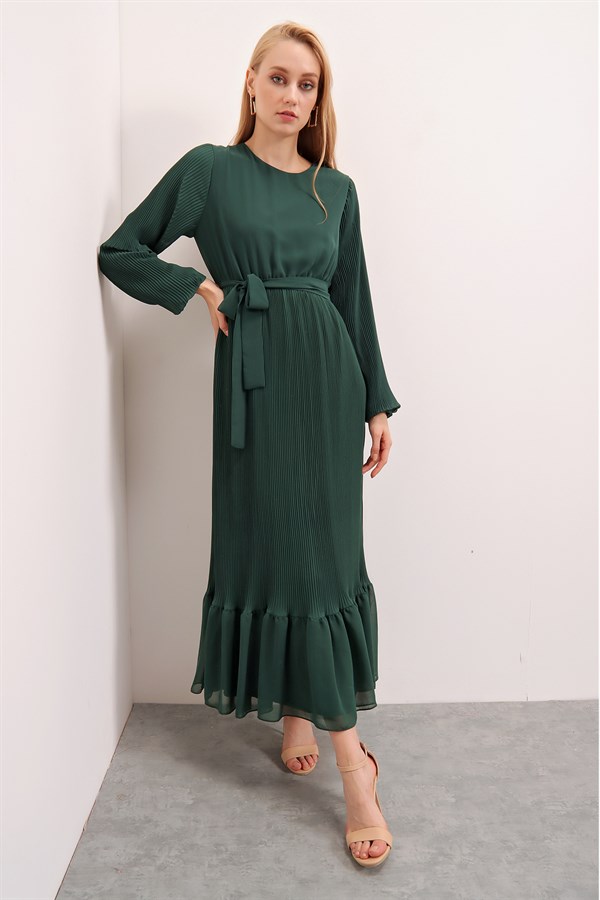 Kadın Z.Yeşil Eteği Ve Kolları Plise Şifon Elbise