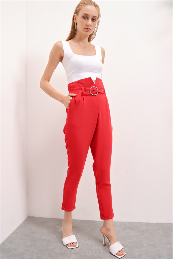 Kadın Kırmızı Yüksek Belli Kemerli Pantolon