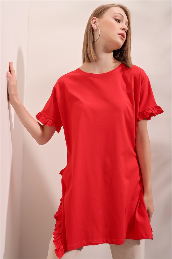 Kadın Kırmızı FırFır Detay Tişört