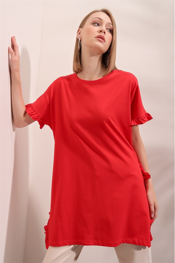 Kadın Kırmızı FırFır Detay Tişört