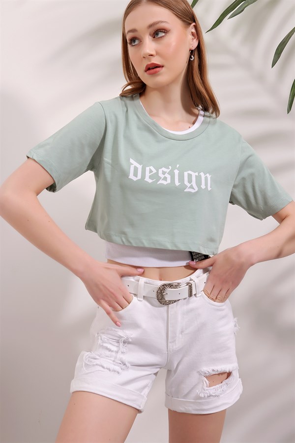 Kadın Mint Desing Baskı İkili İçli Tişört Takım