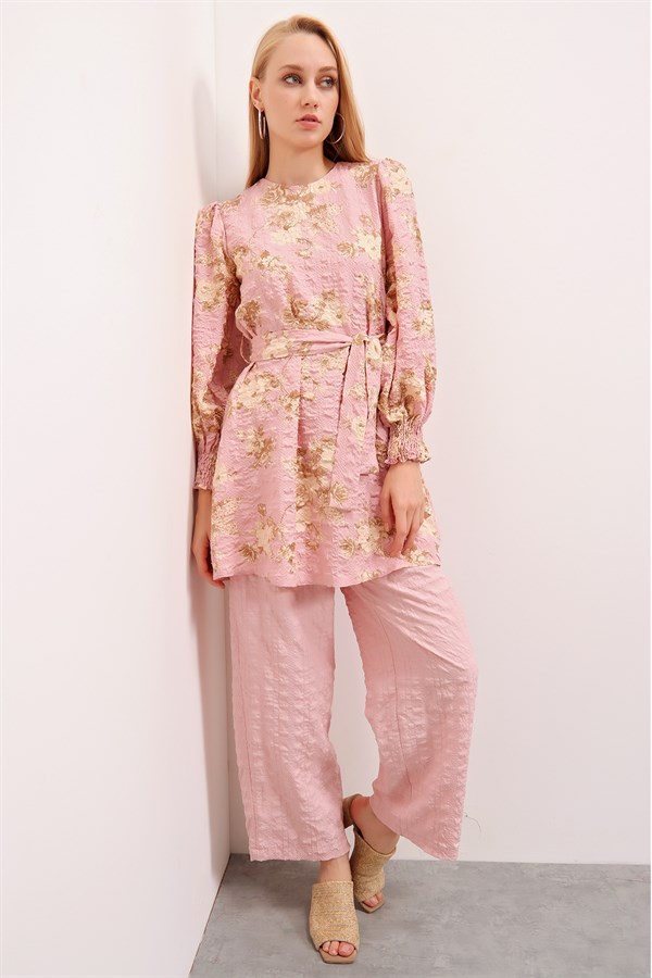 Kadın Pudra Çiçek Desenli Tunik Pantolon Takım