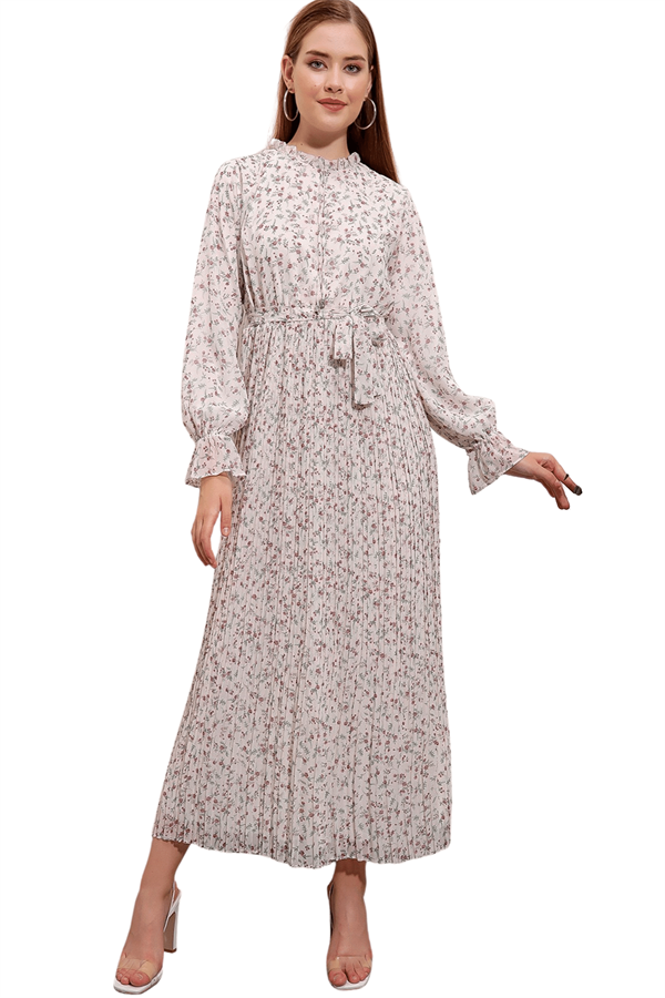 Kadın Ekru-Pudra Şifon Pileli Elbise