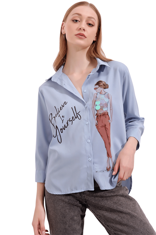 Kadın Mavi Kız Baskılı Şifon Gömlek