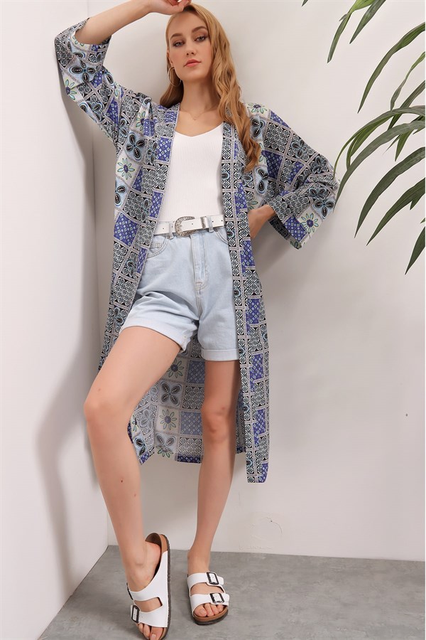 Kadın Mavi Kuşaklı Kimono Ceket