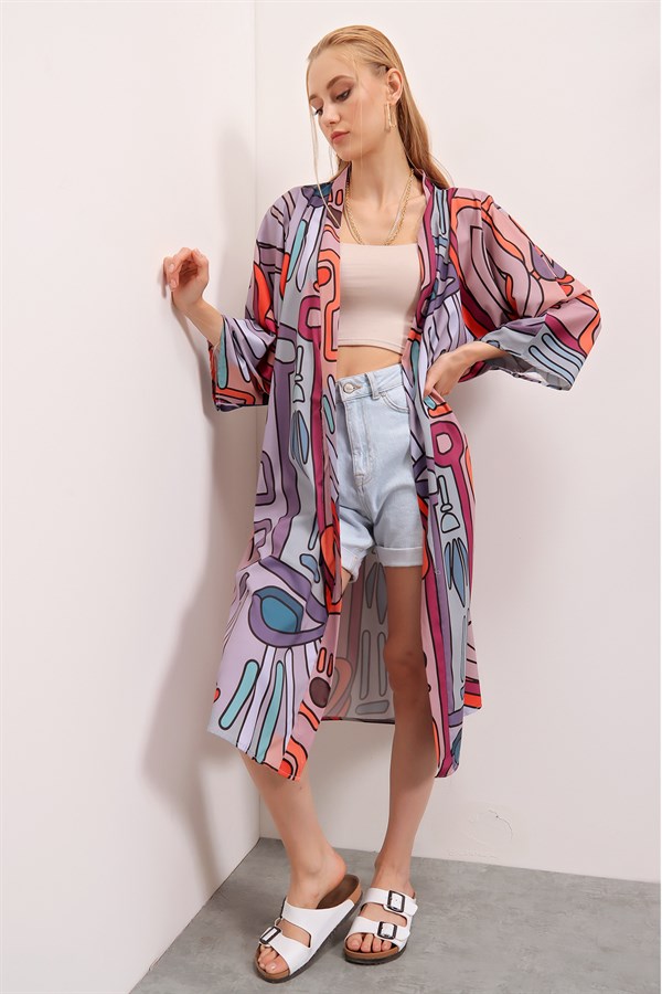 Kadın Mor Desenli Kimono Ceket
