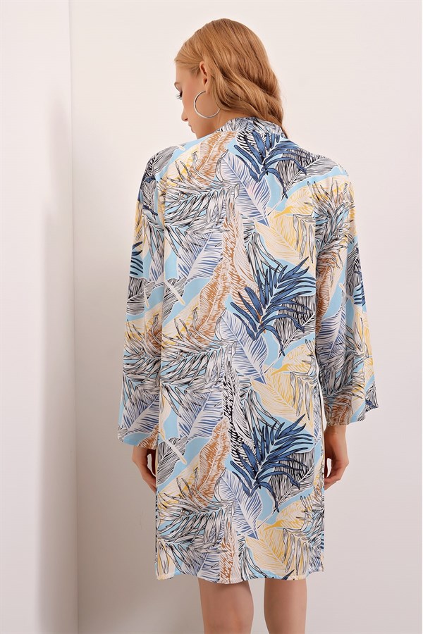 Kadın Mavi Desenli Kimono Ceket
