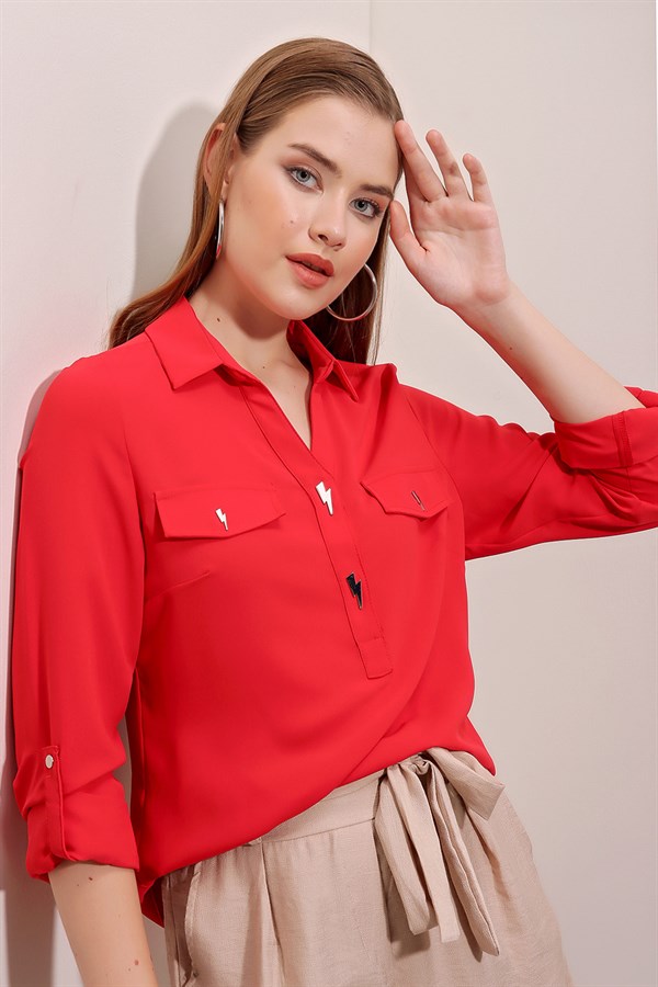 Kadın Kırmızı Şifon Kol Katlamalı Gömlek