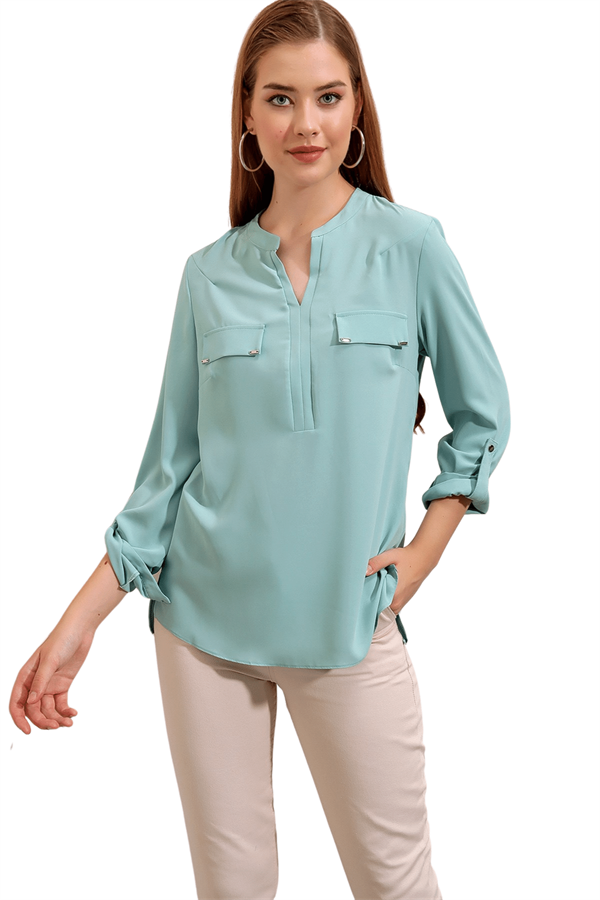 Kadın Su Yeşili Şifon Cep Kapaklı Gömlek