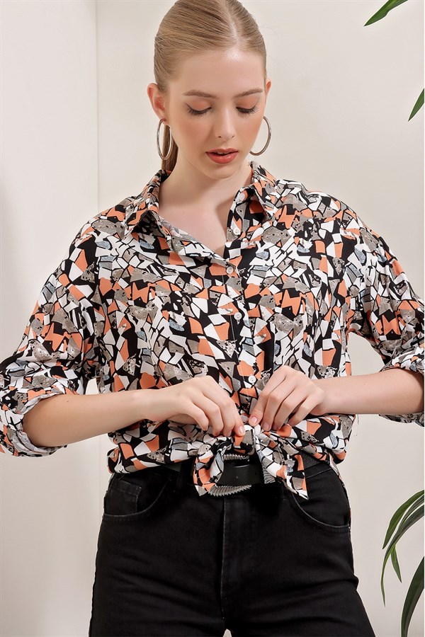 Kadın Somon Geometrik Desen Gömlek