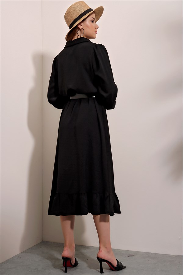 Kadın Siyah Kemerli Gömlek Yaka Elbise
