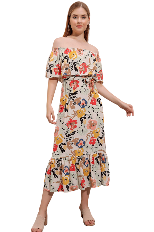 Kadın Ekru-Mint Kayık Yaka Çiçek Desenli Elbise