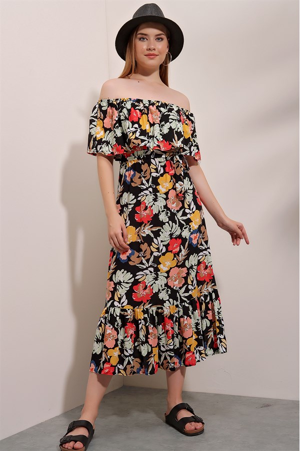Kadın Siyah-Mint Kayık Yaka Çiçek Desenli Elbise