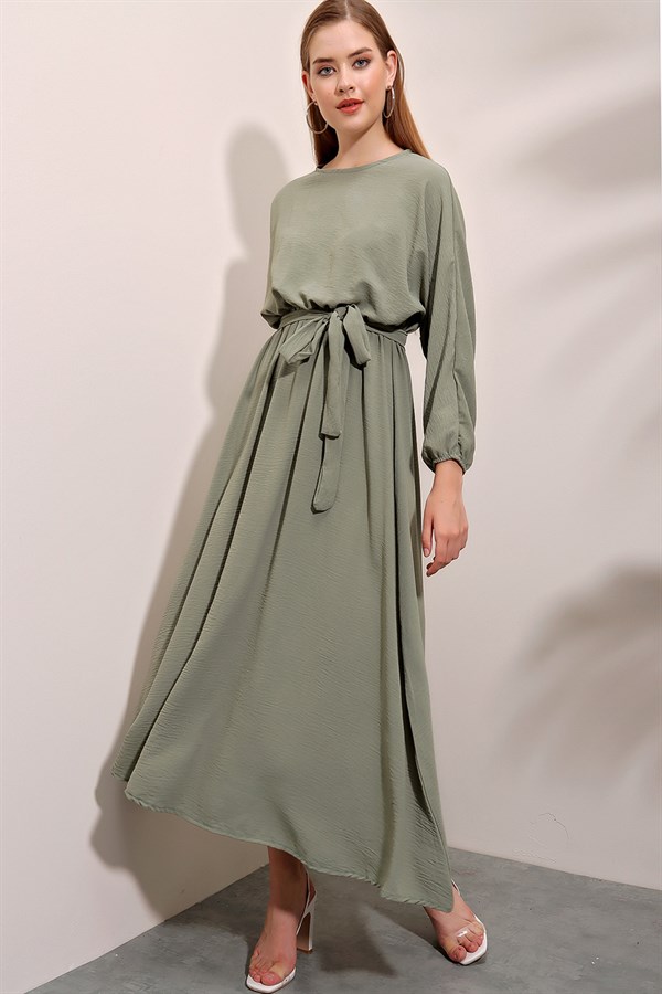 Kadın Çağla Kuşaklı Ayrobin Elbise
