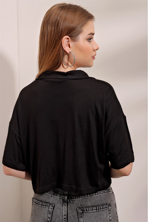 Kadın Siyah Polo Yaka Kısa Tişört