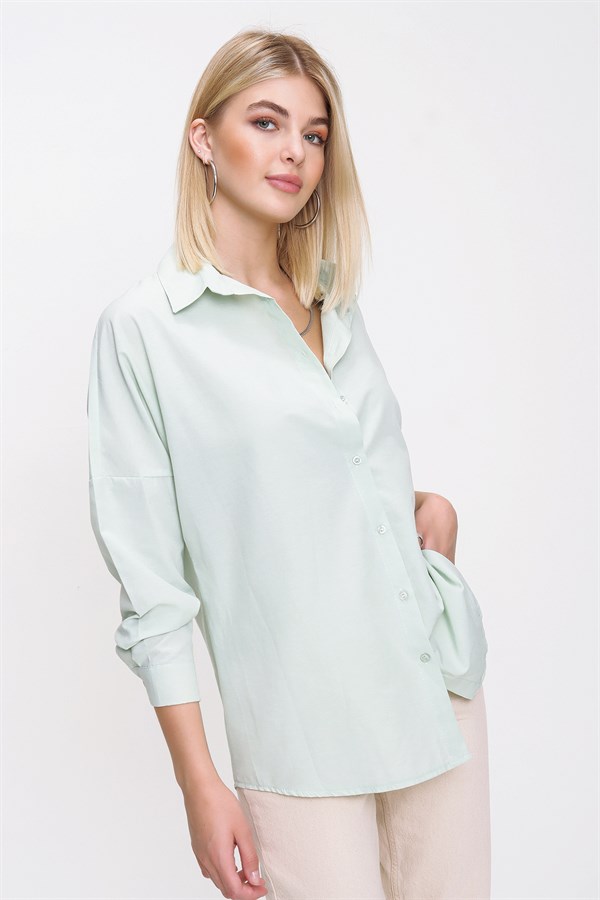 Kadın Mint Geniş Yaka Düz Gömlek