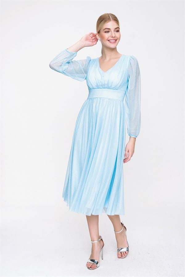 Kadın Mavi  V Yaka Uzun Kol Şifon Abiye Elbise