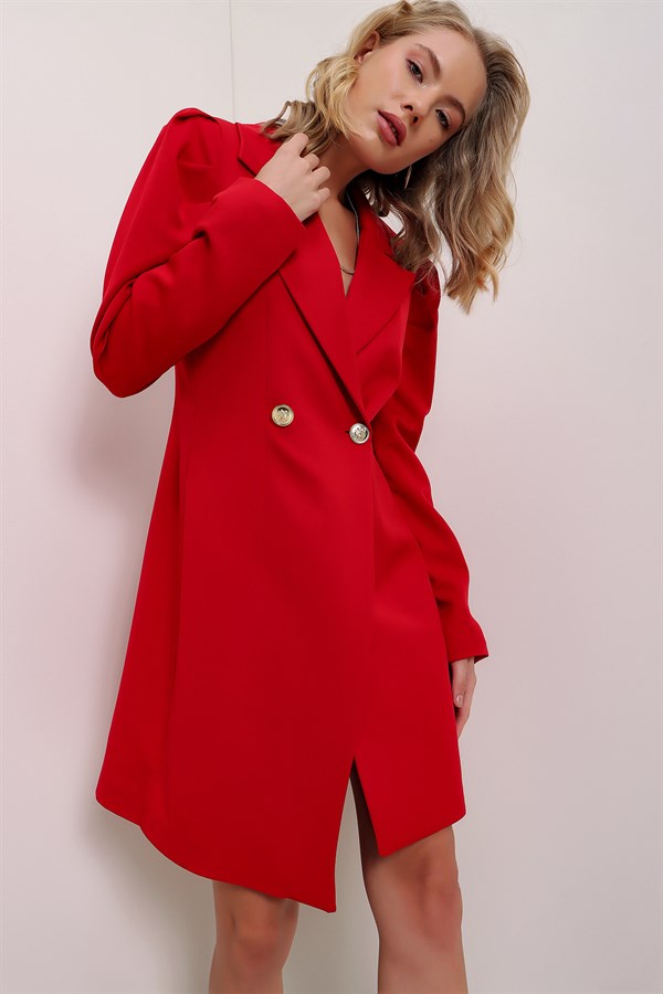 Kadın Kırmızı Karpuz Kol Tek Düğmeli Uzun Ceket