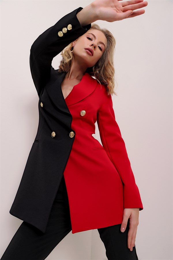 Kadın Kırmızı Çift Renk Kruvaze Yaka Ceket