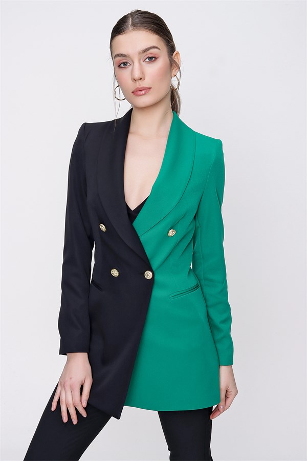 Kadın Yeşil Çift Renk Kruvaze Yaka Ceket