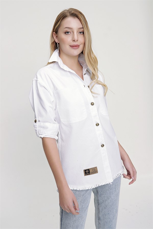 Kadın Beyaz Metal Düğme Gabardin Gömlek