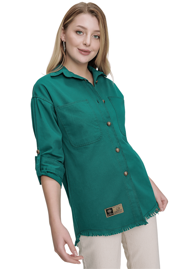 Kadın Yeşil Metal Düğme Gabardin Gömlek