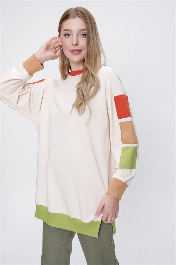 Kadın Bej Kolu Renklı Tunik