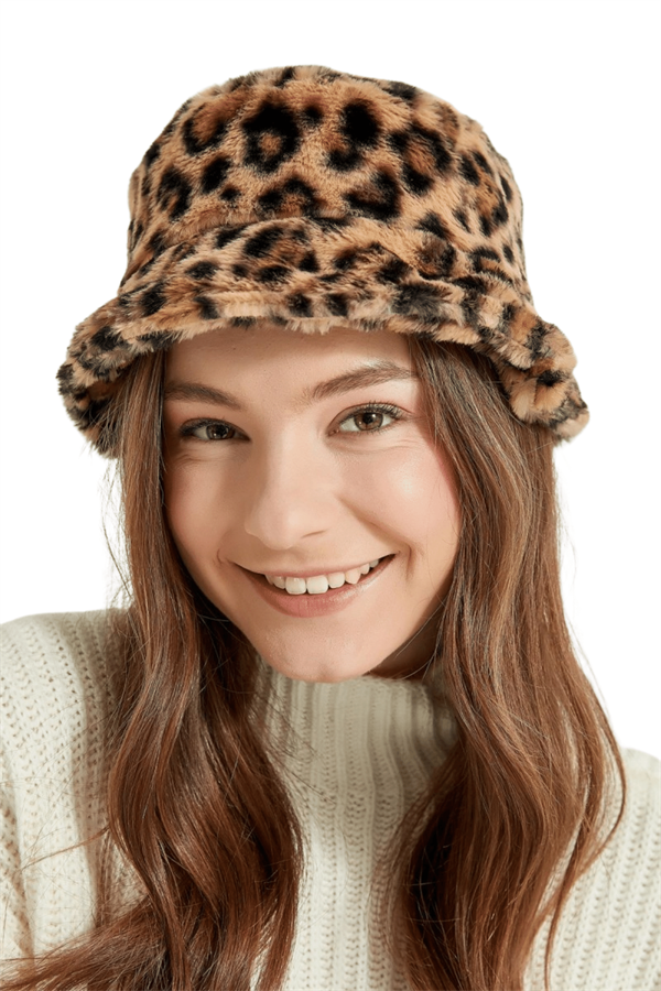 Kadın Vizon Leopar Peluş Bucket Şapka