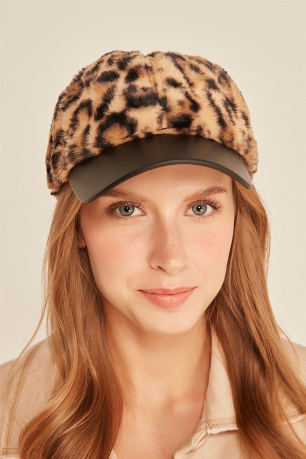 Kadın Leopar Kürklü Kep Şapka