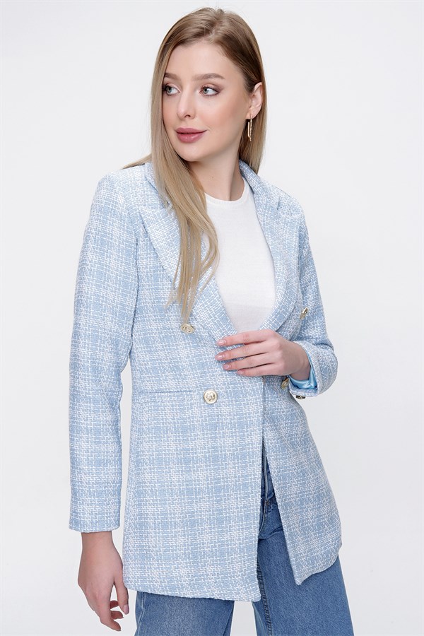 Kadın Mavi Kareli Tüvit Ceket