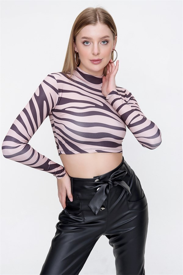 Kadın Siyah-Vizon Zebra Desen Crop Bluz