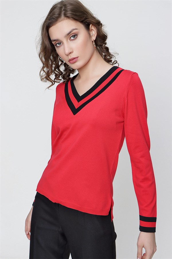 Kadın Kırmızı V Yaka Çift Renk Triko Bluz
